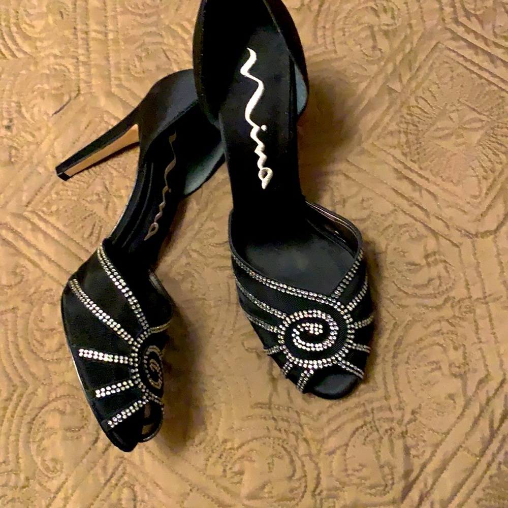 Black, peep toe, size 10, mesh and satin with rhinestones